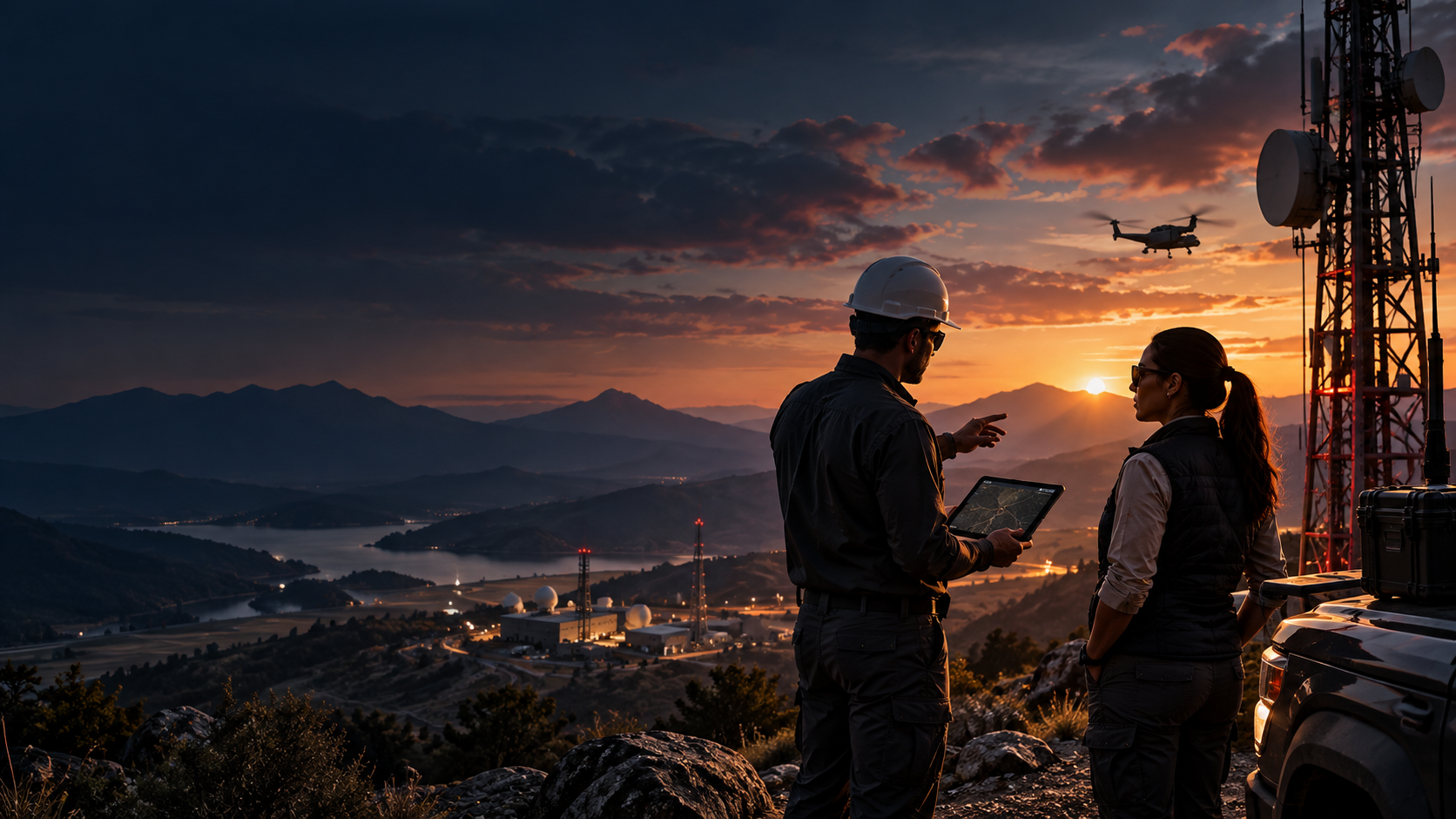 Two infrastructure professionals reviewing field operations and connected-system deployment information