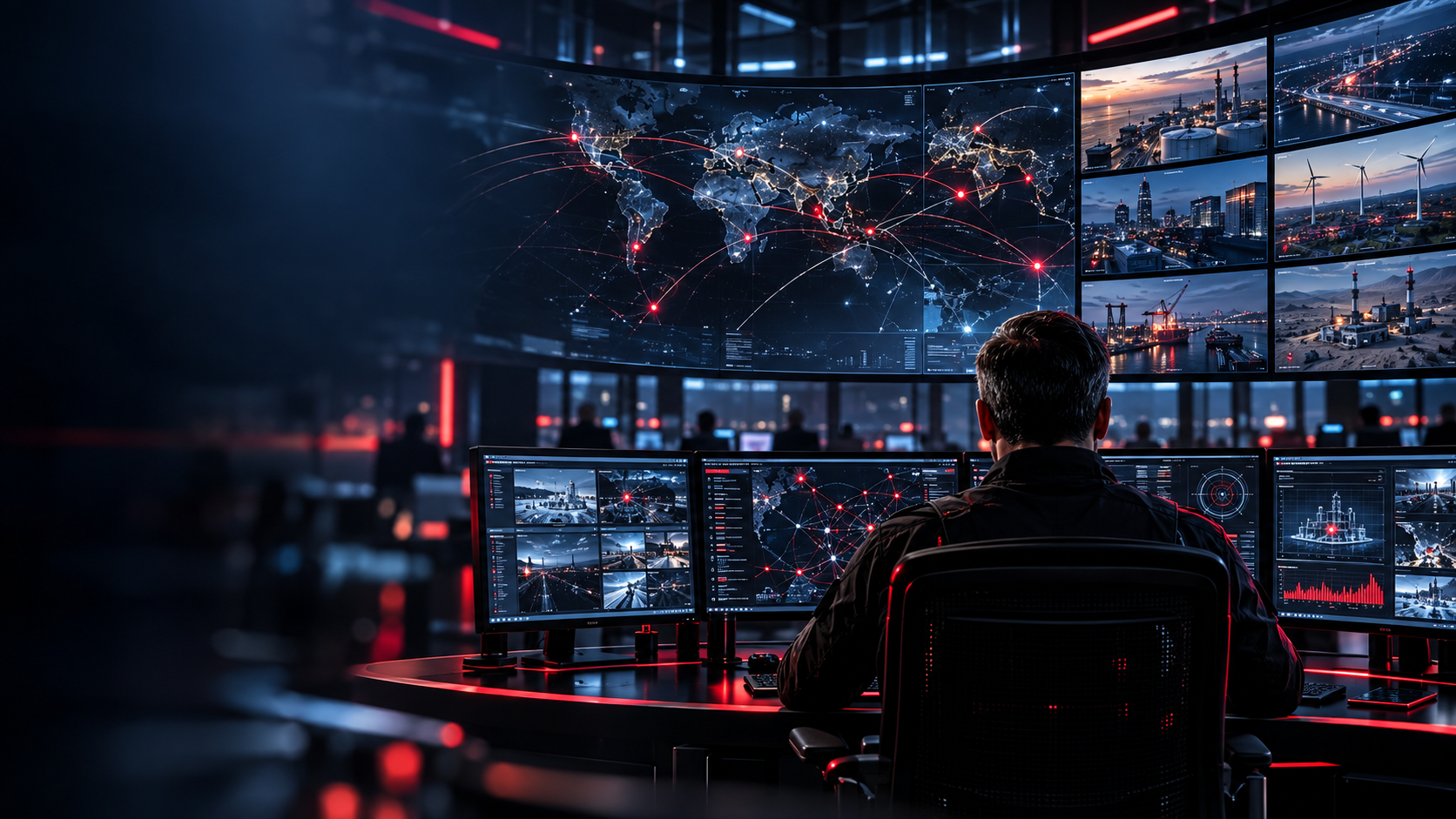 Operations specialist at a desk reviewing connected infrastructure and enterprise signals