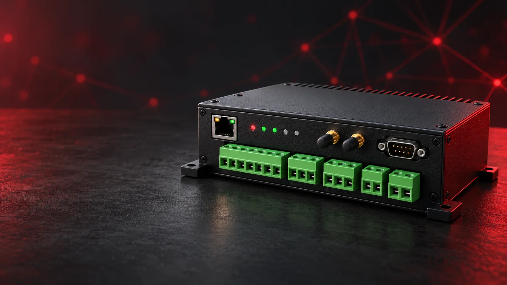 Conceptual compact black edge interface with terminal blocks, Ethernet, status lights, and two connectors