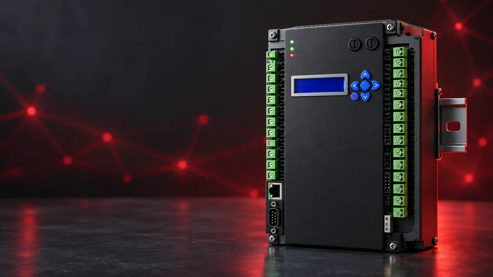 Conceptual tall DIN-rail controller with display, keypad, and green terminal blocks