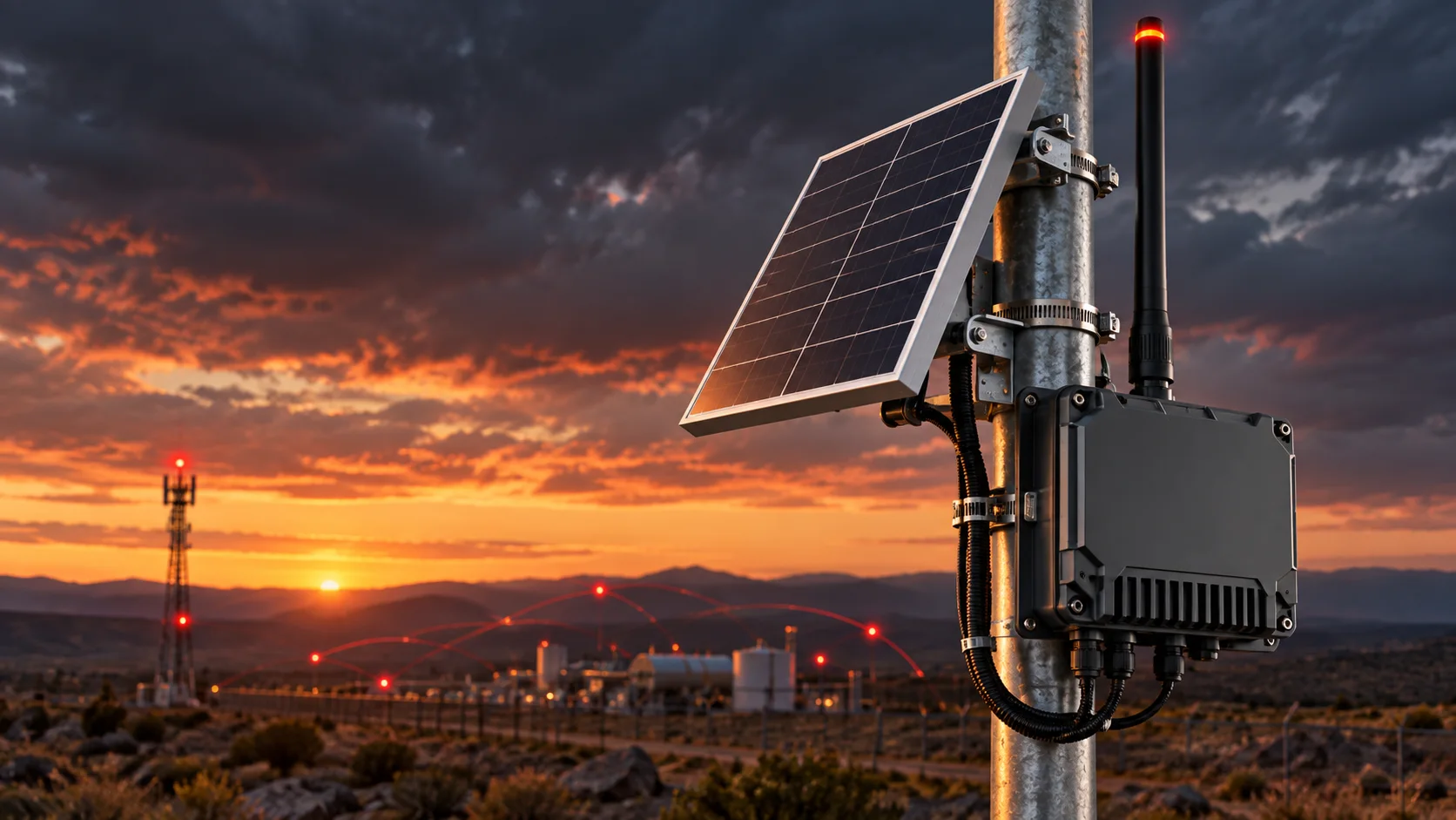 Conceptual solar-powered field gateway enclosure mounted to a pole at sunset